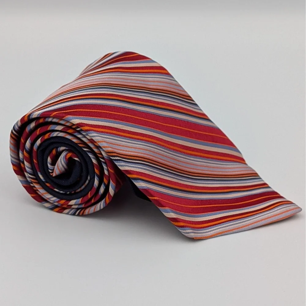 Tommy Hilfiger Mens Tie Red Blue Orange Multi Stripe Silk Prep Business 58.5